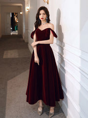 Elegant Burgundy Velvet Tea-Length A-Line Evening Prom Dress