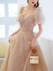 Champagne Tulle Beads Long Prom Evening Dress For Women