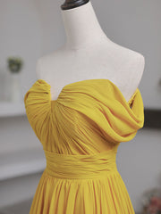 Elegant Yellow Off-Shoulder Chiffon Floor-Length A-Line Prom Dress with Lace-Up Back