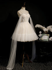 Light Champagne Tulle Short Prom Dress, Puffy Tulle Lace Homecoming Gown