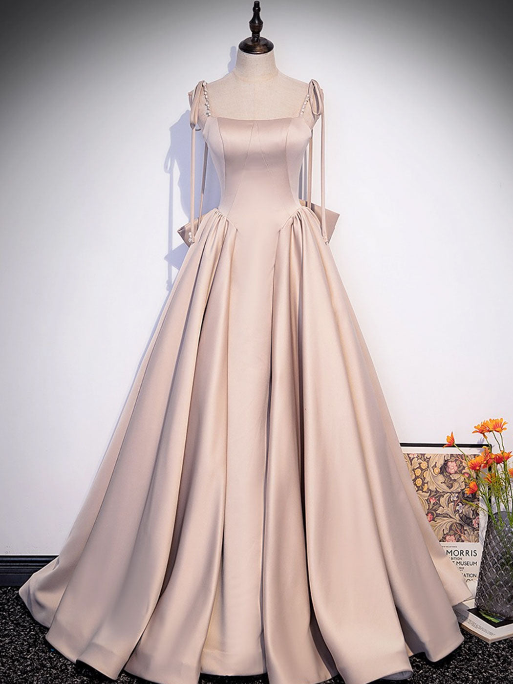 Champagne A-Line Satin Long Prom Dress Champagne Evening Gown