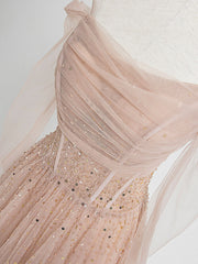 Champagne Pink Tulle Beaded Long Prom Evening Dress with Built‑In Bra