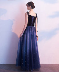 Stunning Simple Elegant Blue Tulle Long Prom Evening Dress Gown
