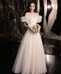 Elegant Champagne Tulle Lace Off Shoulder Long Prom Formal Dress