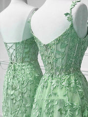 Stunning A-Line Green Tulle Lace Long Prom Evening Dress