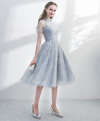 Unique Gray Tulle Lace Short Prom Dress Evening Gown