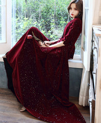 Burgundy Velvet Long Prom Dress for Women Evening Formal Wear