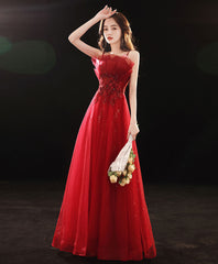 Elegant Burgundy Tulle Lace Long Prom Dress with A-Line Silhouette