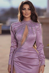 Elegant High-Neck Long Sleeve Mermaid Prom Dress with Slit & Sequin Embellishments