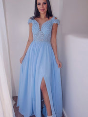 Elegant Sky Blue Cap Sleeve Long Prom Dress with Slit