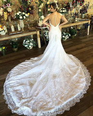 Charming Long Sweetheart Mermaid Wedding Dress with Cap Sleeves and Lace