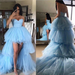 Elegant Blue Sweetheart Tulle Hi-Lo Prom Dress with Layered Skirt
