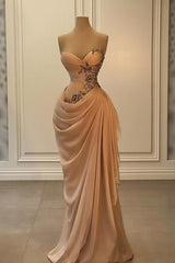 Elegant Strapless Ruched Satin Long Evening Prom Dress with Glitter Crystals