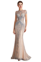 Charming Gold Embellished Long Sleeve Mermaid Evening Dress with Sweep Train
