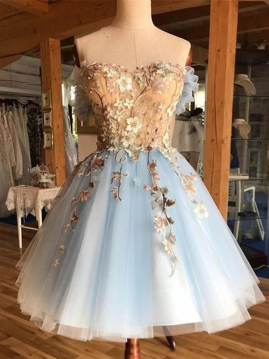 Elegant 3D Floral Lace Blue Short Prom Dress for Graduation & Homecoming