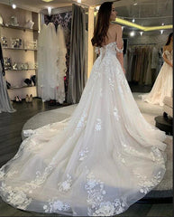 A-Line Deep V-Neck Backless Wedding Dress Long Sleeves Pearl Appliques Lace