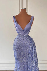 Stunning Violet V-Neck Mermaid Prom Dress with Exquisite Beadings and Shimmering Sequins