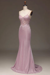Elegant Pink Spaghetti Strap Shining Sleeveless Prom Dress Gown for Women