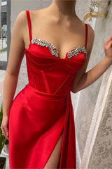Red Charmeuse Spaghetti Strap Gown with Beaded Slit Evening Dress