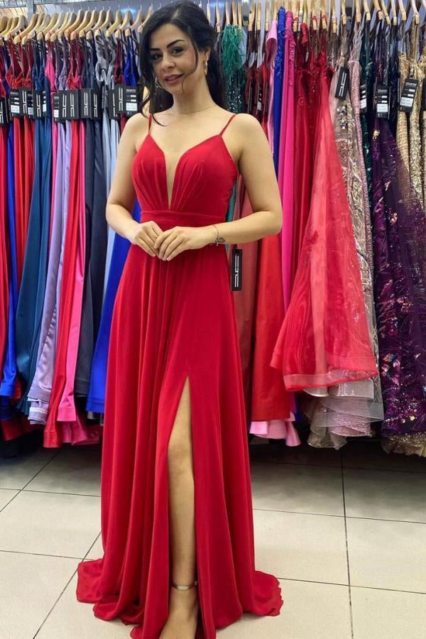 Spaghetti Strap Red Long Prom Dress with Slit Formal Gown