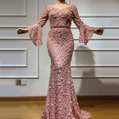 Dusty Rose V Neck Long Sleeve Mermaid Prom Dress With Appliques