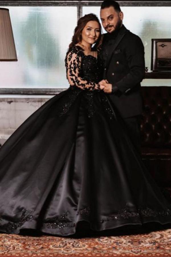 Elegant Black Ball Gown Wedding Dress with Long Sleeves and Appliques