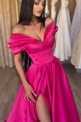 Stunning Fuchsia A-Line Portrait Prom Dress with High Split and Off-Shoulder Design