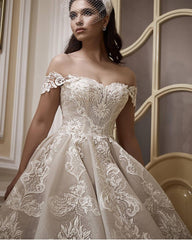 Off-the-Shoulder Floor-Length Church A-Line Wedding Dress with Lace Appliques