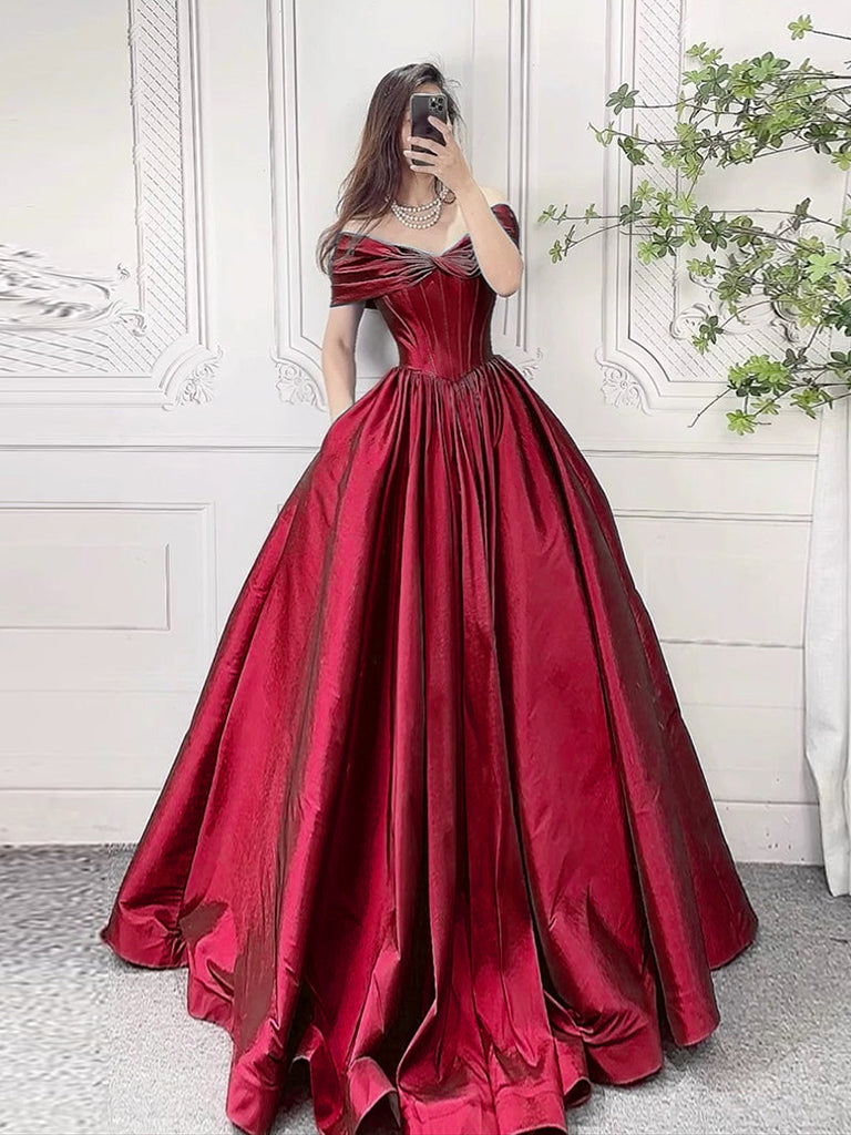 Elegant A-Line Off-Shoulder Burgundy Prom Dress, Long Formal Evening Gown