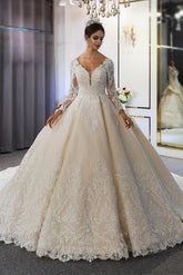 Elegant A-Line Sweetheart Wedding Dress with Long Sleeves, Lace Appliques & Sequins