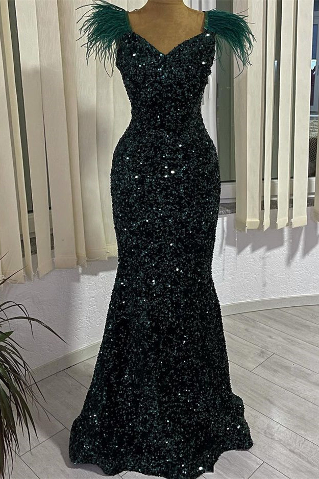Dark Green Sequin Mermaid Evening Dress V-Neck with Feathers Prom Gown