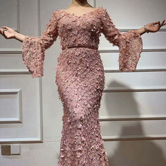 Dusty Rose V Neck Long Sleeve Mermaid Prom Dress With Appliques