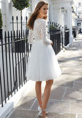 A-Line Jewel Tulle Wedding Dress with Lace Elegant Short Sleeves