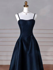 Dark Blue Satin A-Line Long Prom Formal Dress