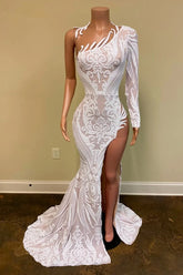 Elegant White Sequin One-Shoulder Mermaid Prom Gown with Long Sleeve & Slit