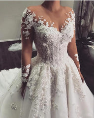 Elegant Bateau Long Sleeve A-Line Floor-Length Wedding Dress with Delicate Lace Appliques