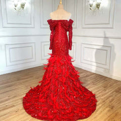 Red Sequin A-Line Prom Dress with Long Sleeves and Feather Details