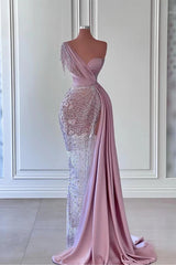 Elegant One-Shoulder Mermaid Prom Dress with Slit & Exquisite Beadings