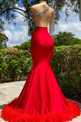 Elegant Red One Shoulder Mermaid Prom Dress with Feather Detail for Special Occasions