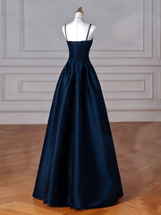 Dark Blue Satin A-Line Long Prom Formal Dress