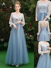 Elegant Blue Lace A-Line Floor-Length Prom Dress with Built-In Bra