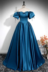 Royal Blue A-Line Pleated Off-Shoulder Prom Dress, Elegant Floor-Length Charmeuse Gown