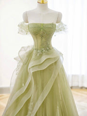 A-Line Off Shoulder Tulle Lace Green Long Prom Formal Dress