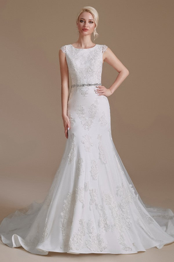 Elegant Mermaid Jewel Neck Long Wedding Dress with Tulle Lace and Beaded Waist