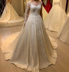 A-Line Sweetheart Neck Wedding Dress Long Sleeves Pearl Satin Appliques Lace