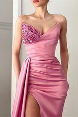 Elegant Pink V-Neck Beaded Mermaid Evening Dress with Ruffles and Slit