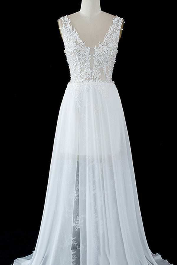 Sheer Tulle A-Line Wedding Dress with Lace Split Straps Elegant Bridal Gown