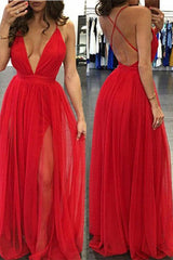 Stunning Red Deep V-Neck Long Prom Dress with Slit, Elegant Formal Evening Gown