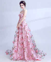 Pink Tulle 3D Flowers Long Prom Evening Dress For Women