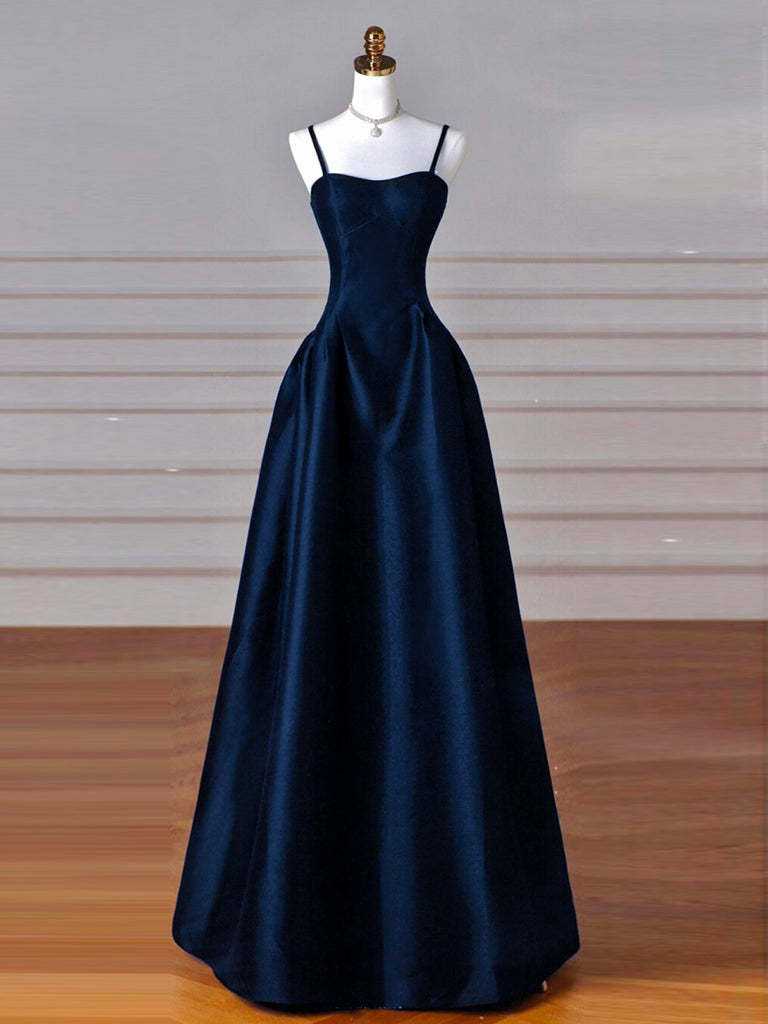 Dark Blue Satin A-Line Long Prom Formal Dress